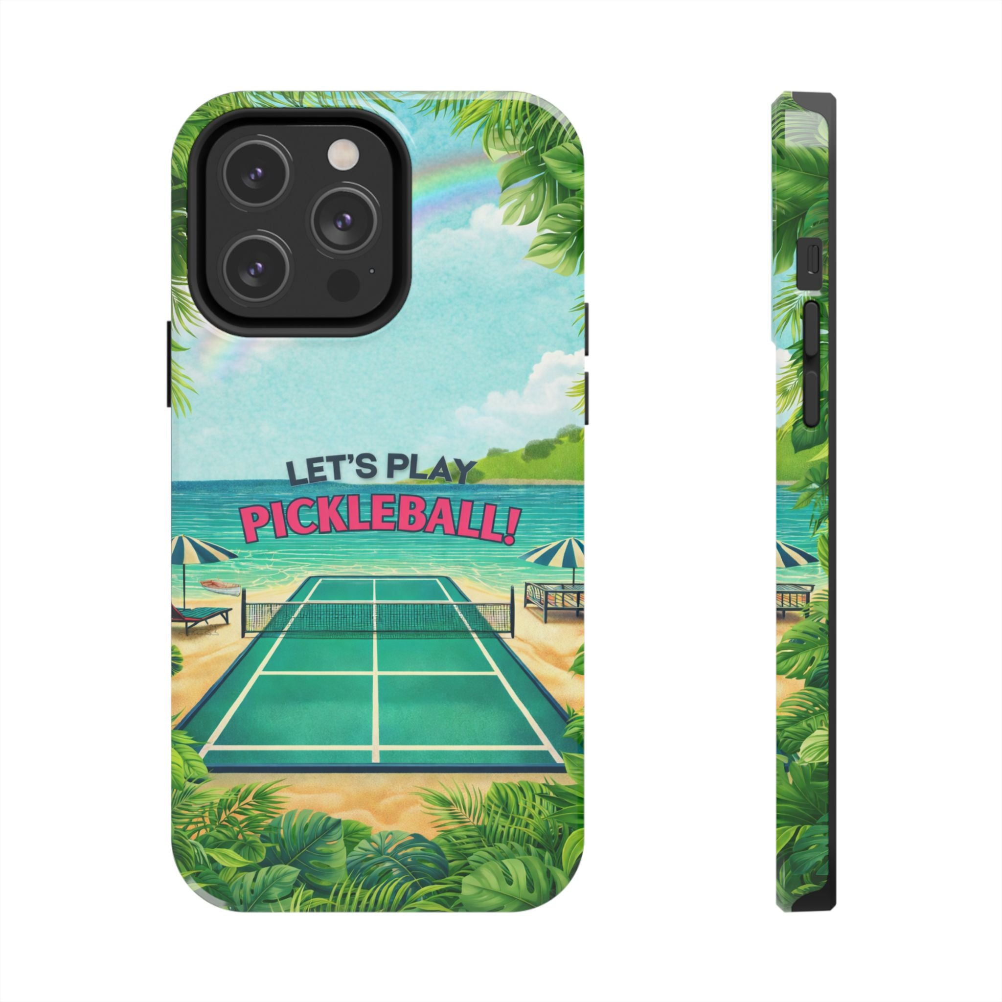 Let's Play Pickleball! Tropical Tough Phone Case | Supports Wireless Charging | Compatible with iPhone and Samsung smartphones