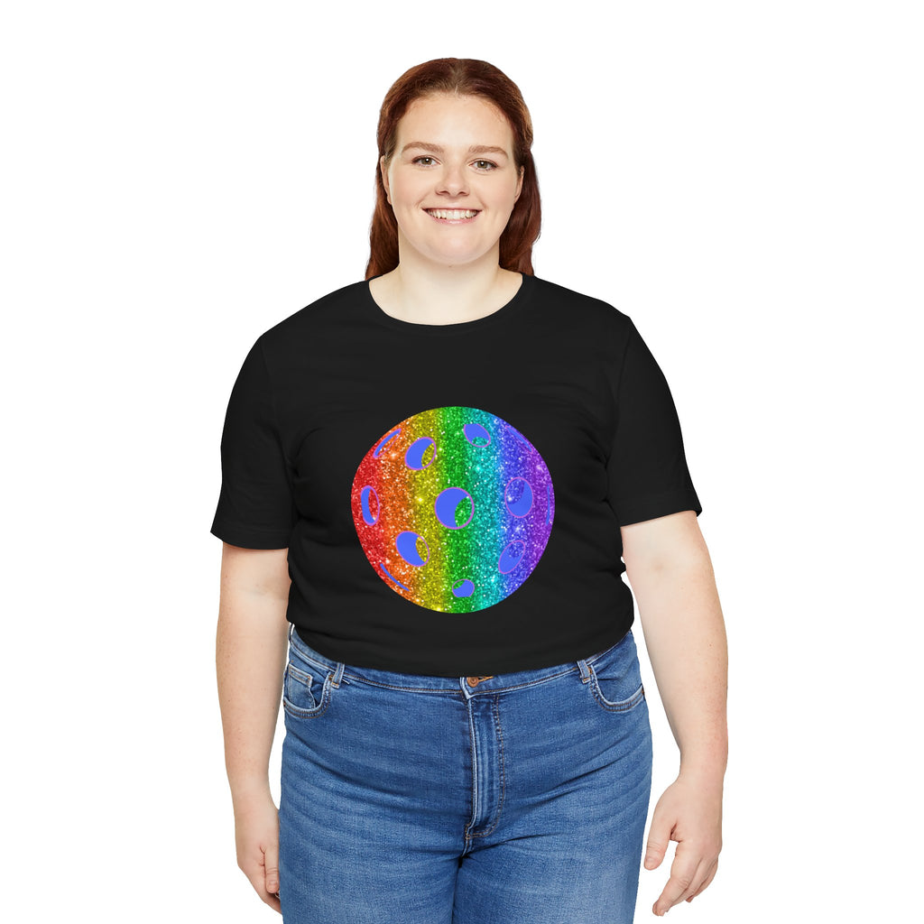 Rainbow glitter pickleball pride T-shirt with "Loud and Proud" slogan, featuring colorful pride flag design for LGBTQ+ support.