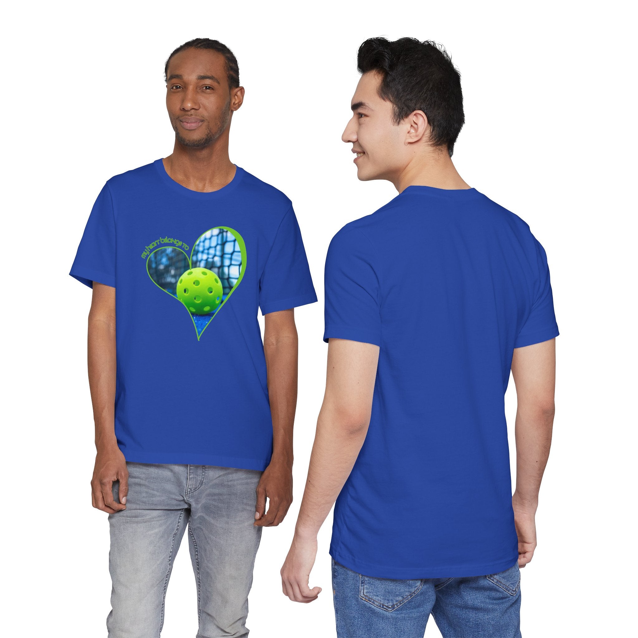 White pickleball T-shirt with "My Heart Belongs to Pickleball" slogan, designed for players and fans, by Printify.