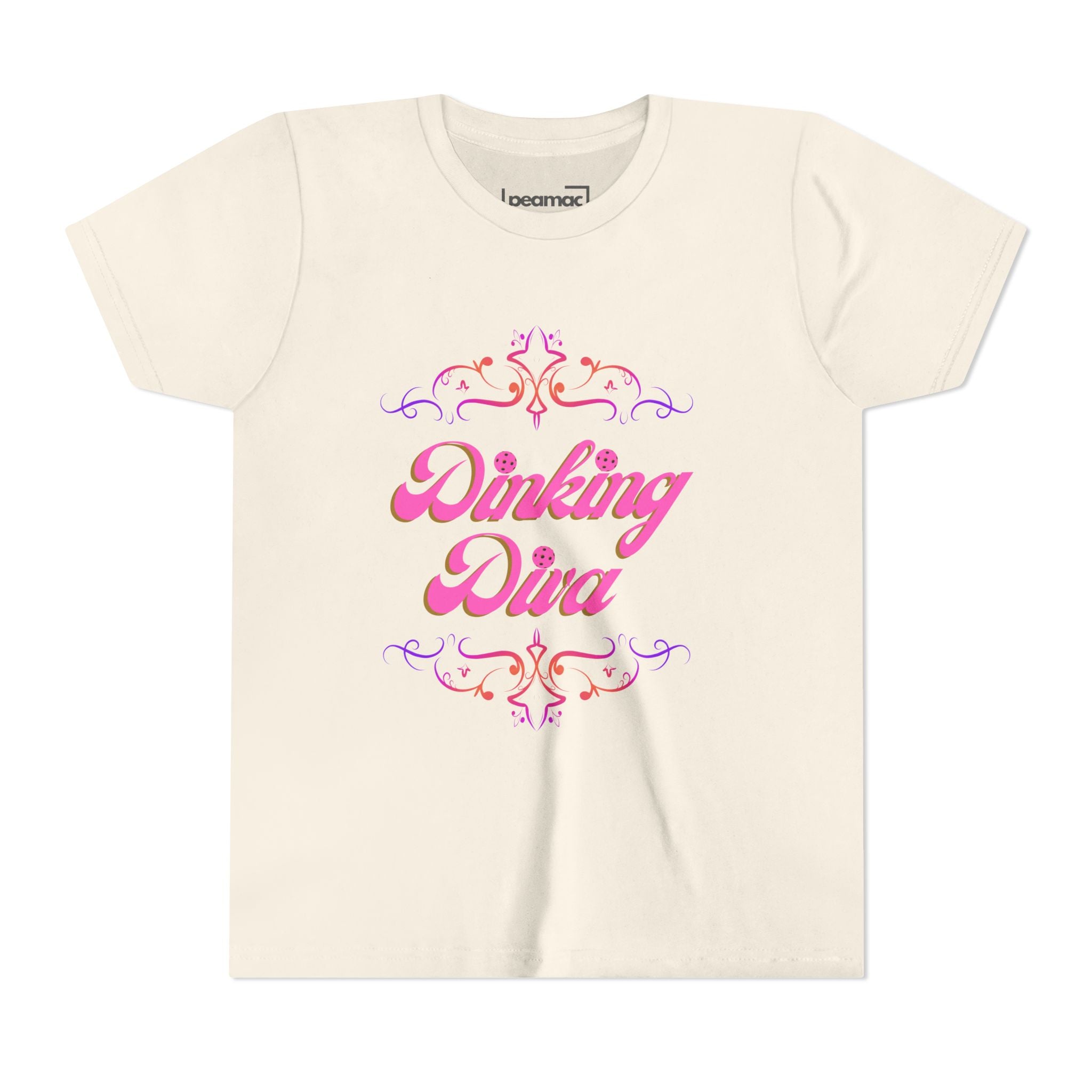 Pink Dinking Diva Youth Tee with filigree pickleball design, kids' pink pickleball shirt by Printify.