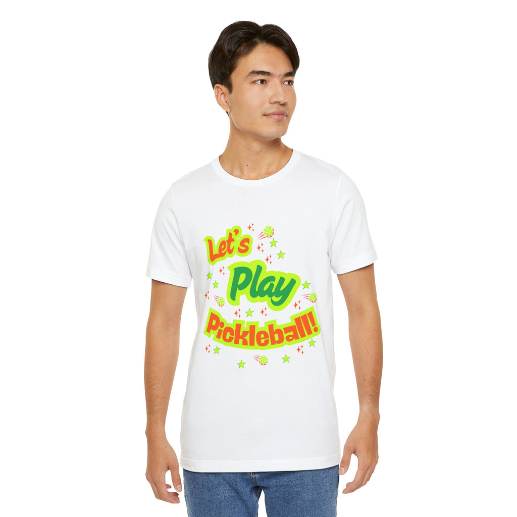 Neon orange and electric green Pickleball Rally T-Shirt with court graphic from Printify, casual athletic style.