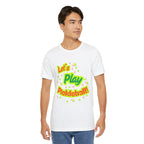 Neon orange and electric green pickleball rally tee with court graphic, casual printify t-shirt for active sportswear.