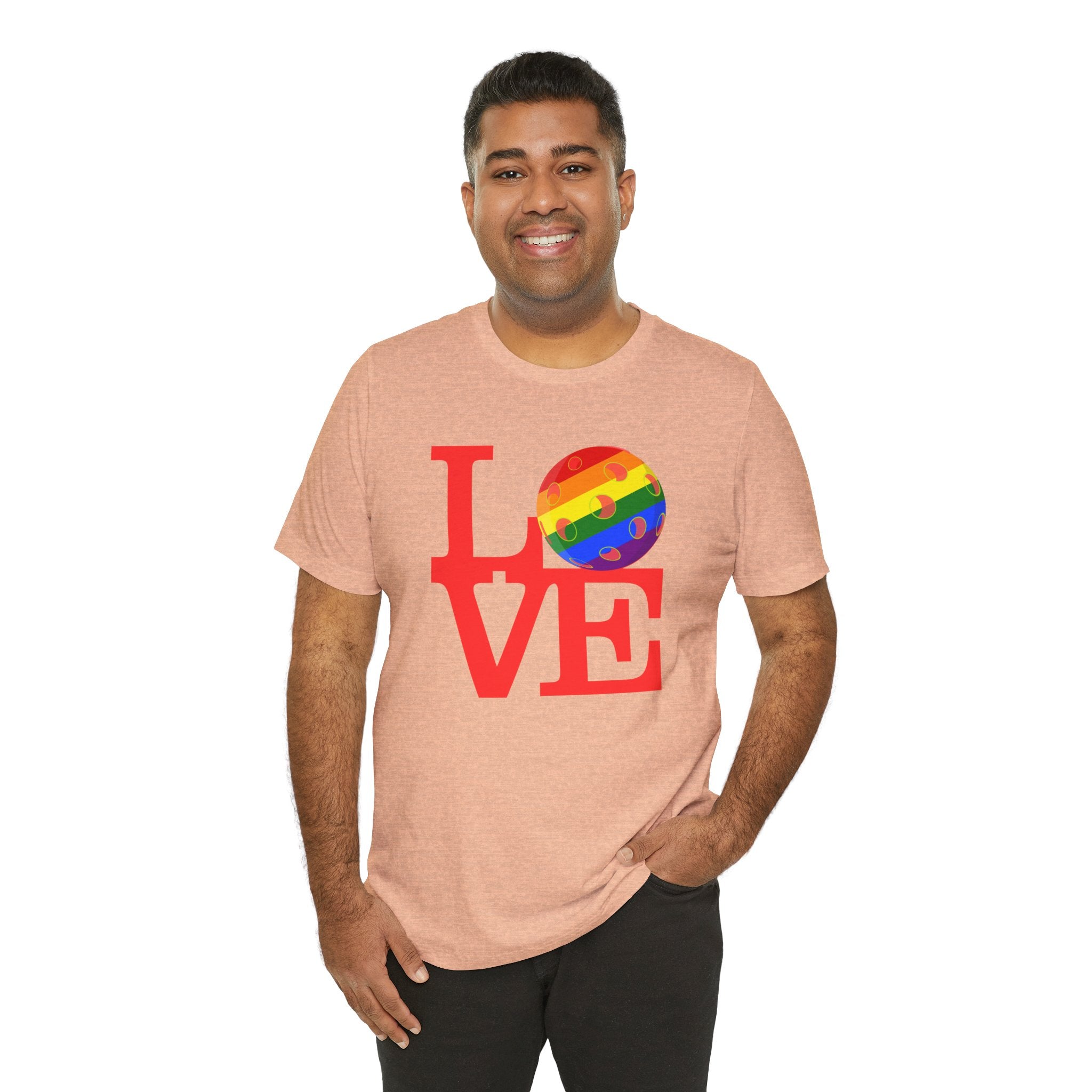 Rainbow LGBTQ2 love pickleball pride T-shirt by Printify featuring colorful pride flag design on a casual T-shirt.