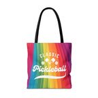 Colorful pickleball tote bag featuring crossed paddles and script design, ideal for sports and casual use.