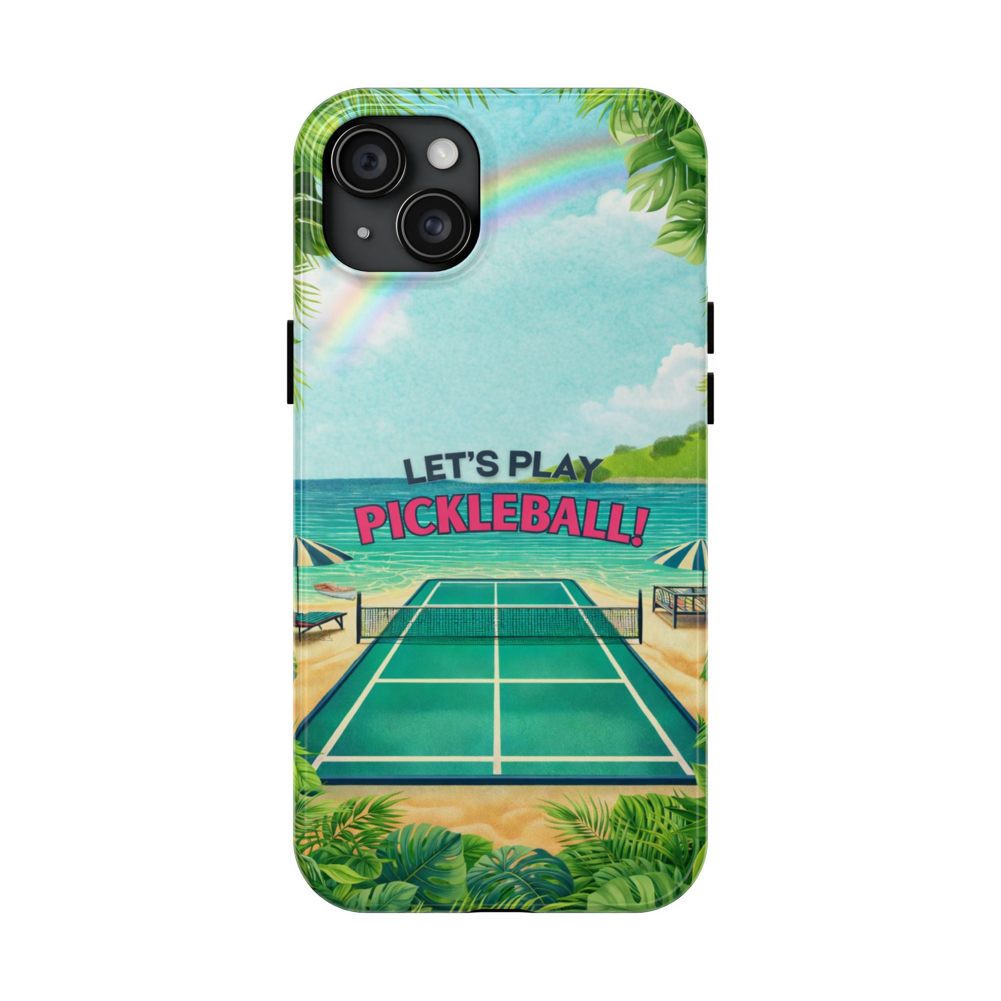 Let's Play Pickleball tropical tough phone case by Printify featuring a colorful beach court design for iPhone and smartphone protection.