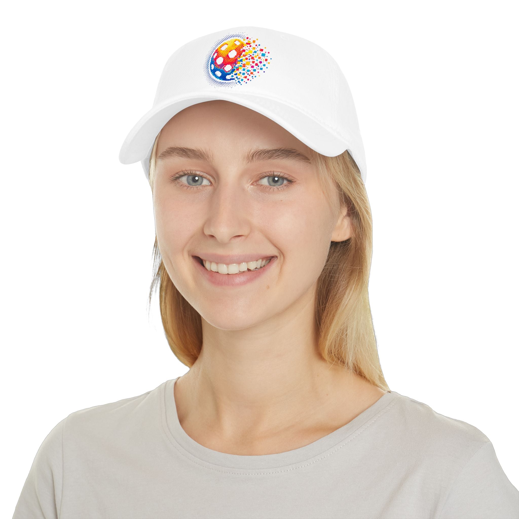 Pixelated Pickleball Cap, low profile cotton baseball hat by Printify, featuring a pixelated pickleball design and adjustable fit.