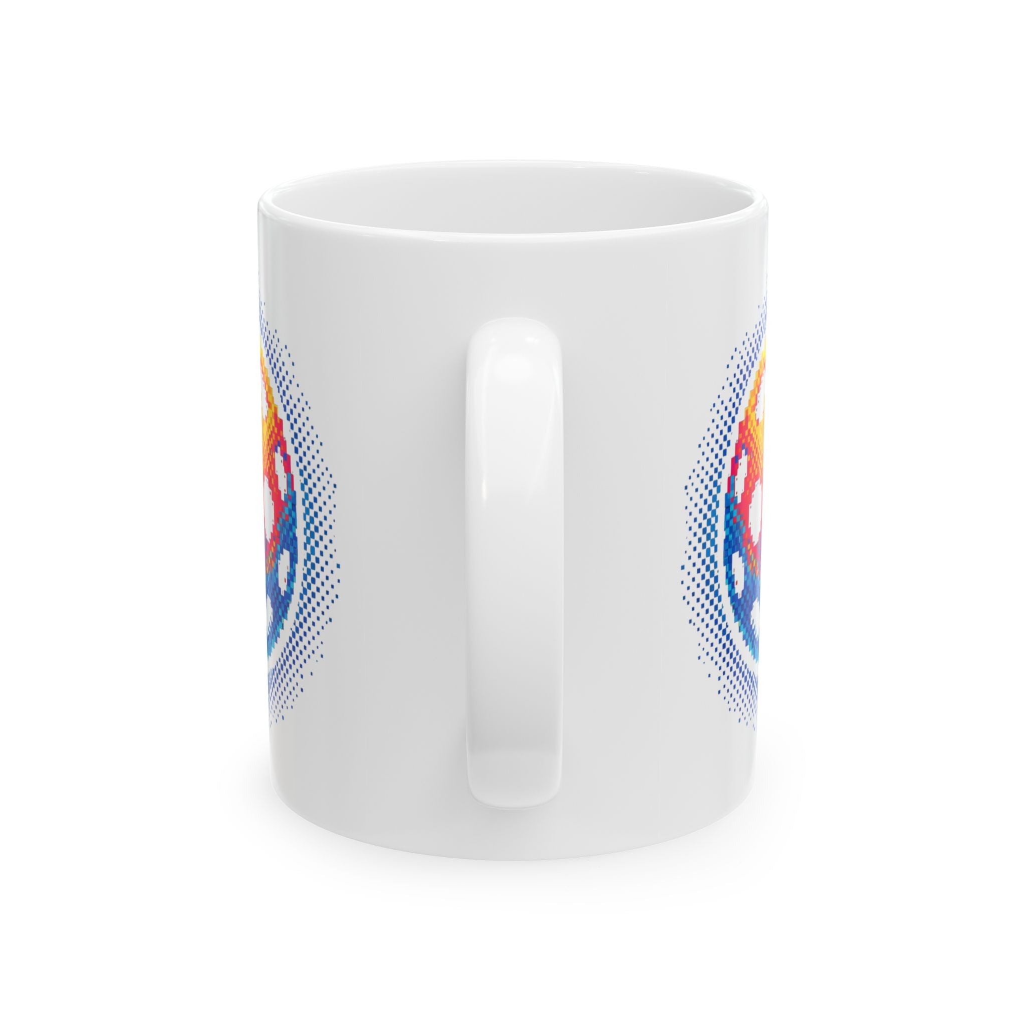 Printify Matrix Burst Pickleball ceramic mug with retro exploding pickleball design, available in 11oz and 15oz sizes.