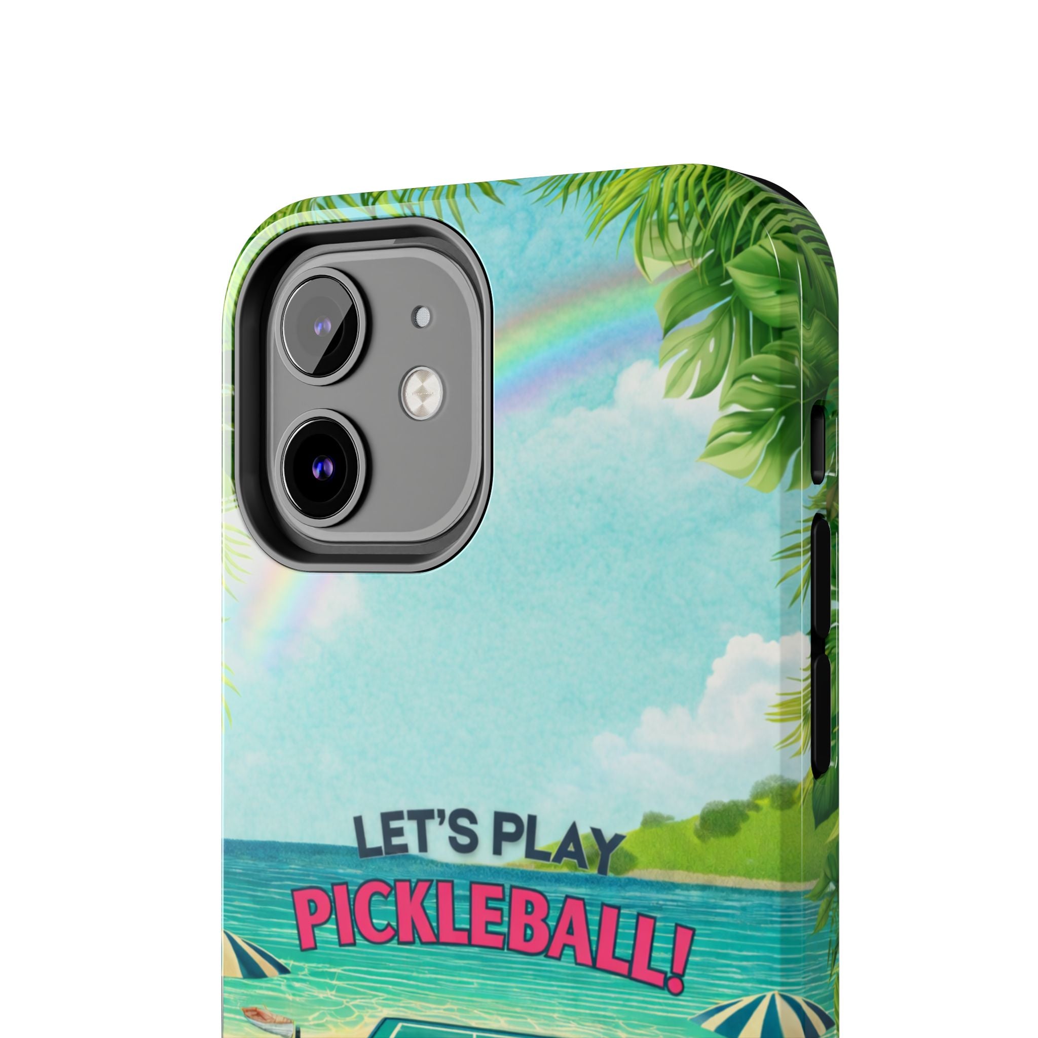 Let's Play Pickleball Tropical Tough Phone Case by Printify, featuring a colorful beach court design for iPhone and Android.