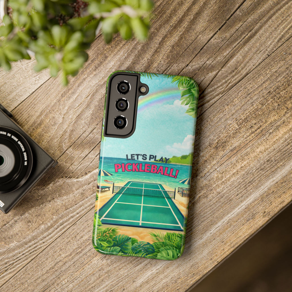 Let's Play Pickleball Tropical Tough Phone Case by Printify featuring a vibrant beach court design for iPhone and Android.