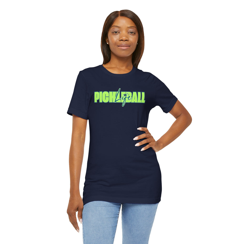 Unisex Pickleball Life T-shirt with bold green and blue graphic design, printed by Printify, on a casual cotton tee.