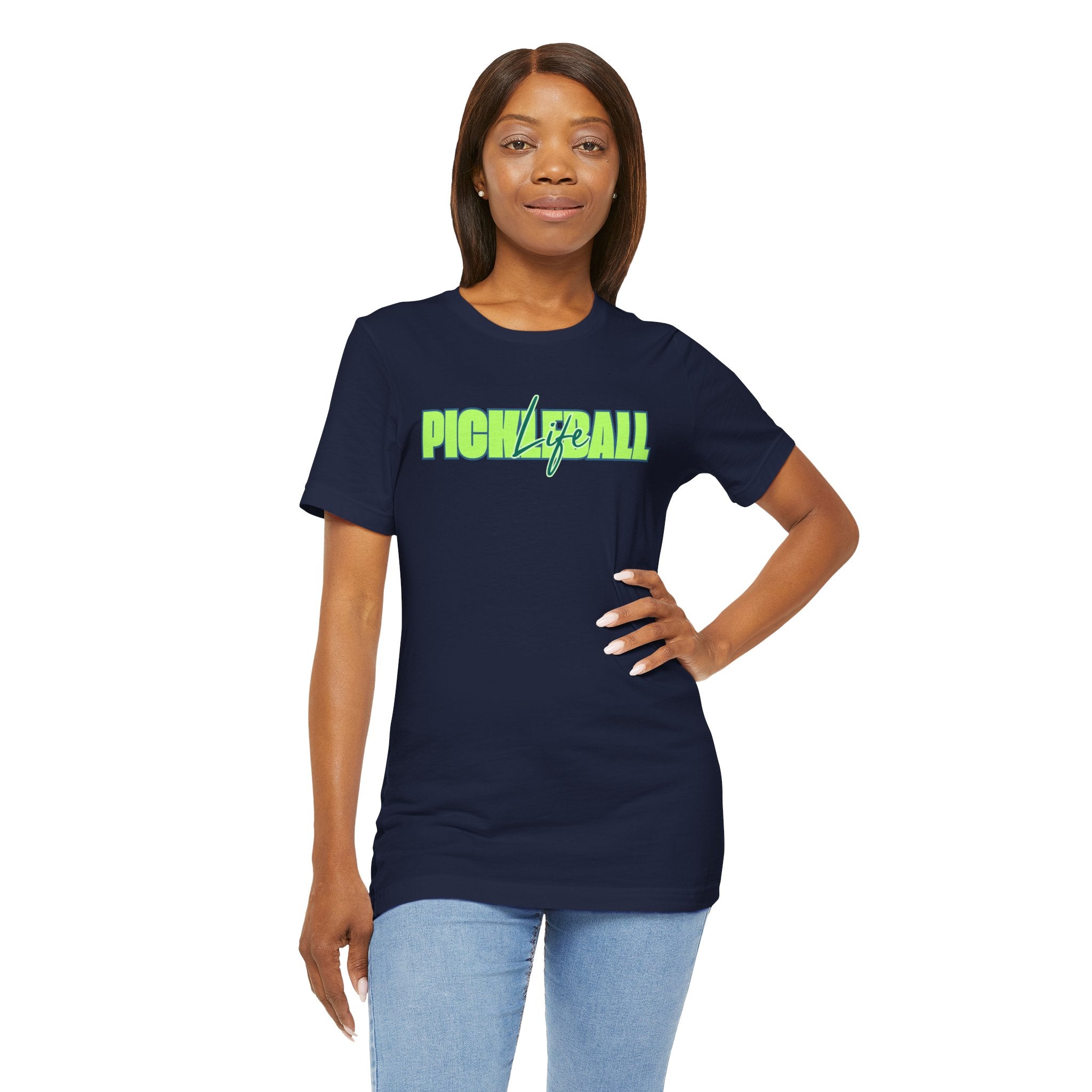 Unisex Pickleball Life T-shirt with bold green and blue graphic design, printed by Printify, on a casual cotton tee.