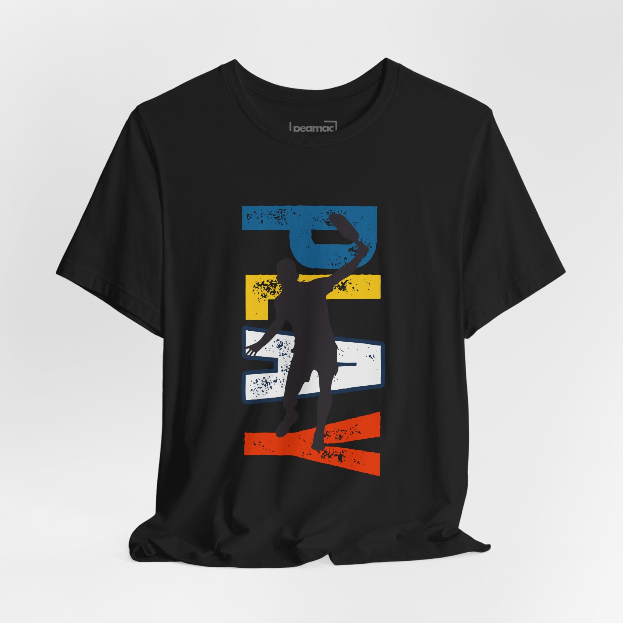 Men's Retro Pickleball Action T-Shirt with front silhouette design and vertical "PICKLEBALL" text on the back, by Printify.
