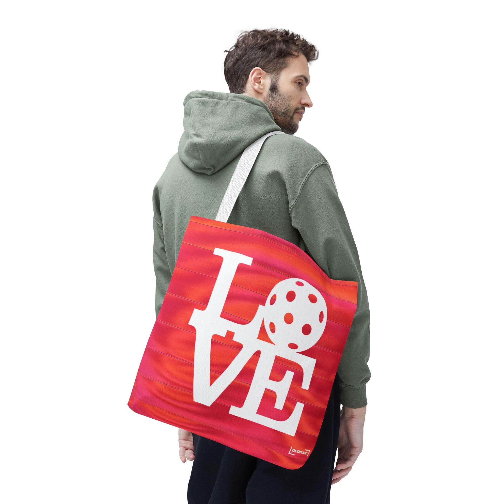Large sporty orange and pink LOVE Pickleball Tote Bag by Printify, stylish carryall for pickleball gear and accessories.