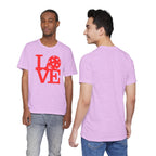 Red LOVE Pickleball graphic T-shirt by Printify featuring bold pop art design on a casual cotton tee.