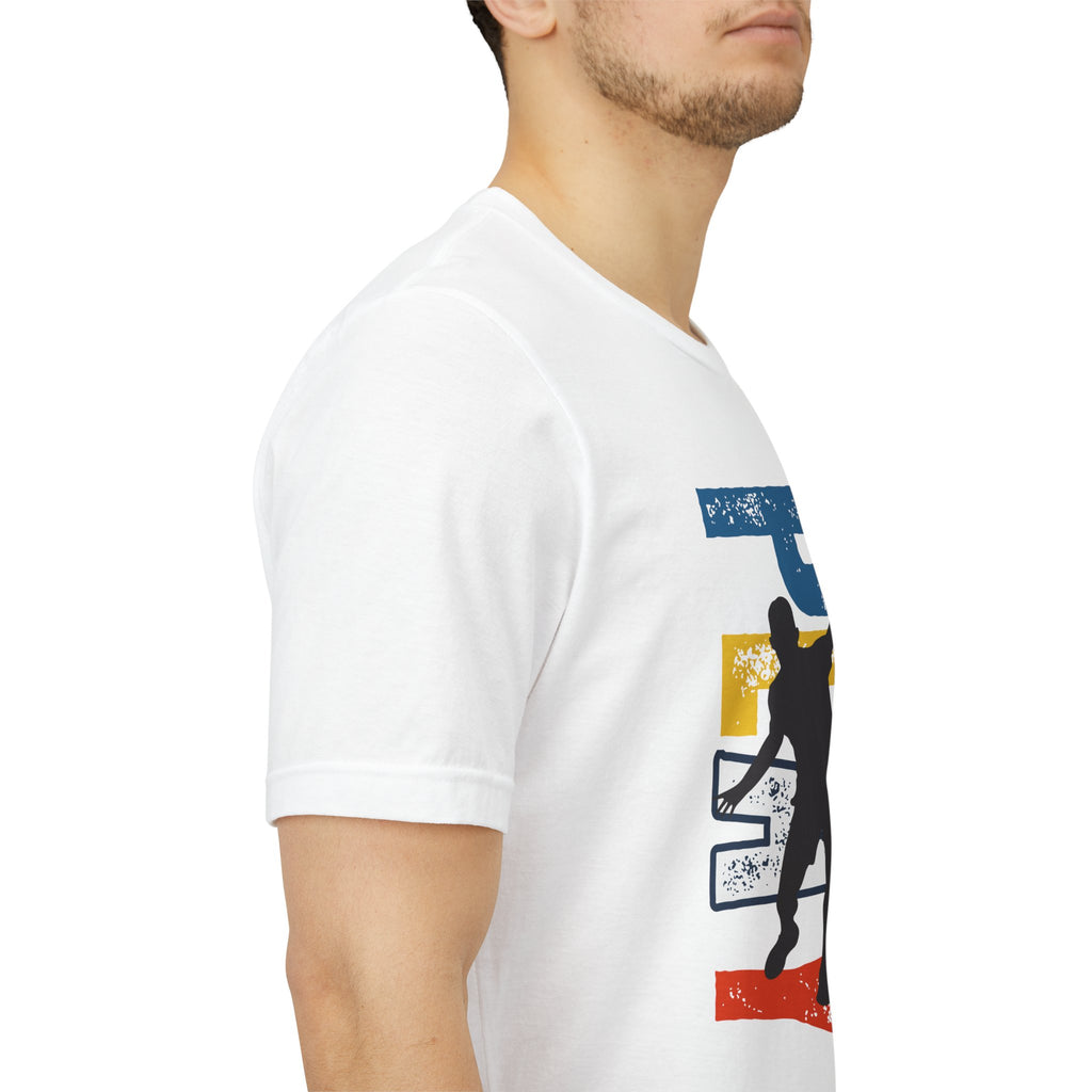 Men's Retro Pickleball Action Tee featuring a dynamic front silhouette and vertical "PICKLEBALL" text on the back.