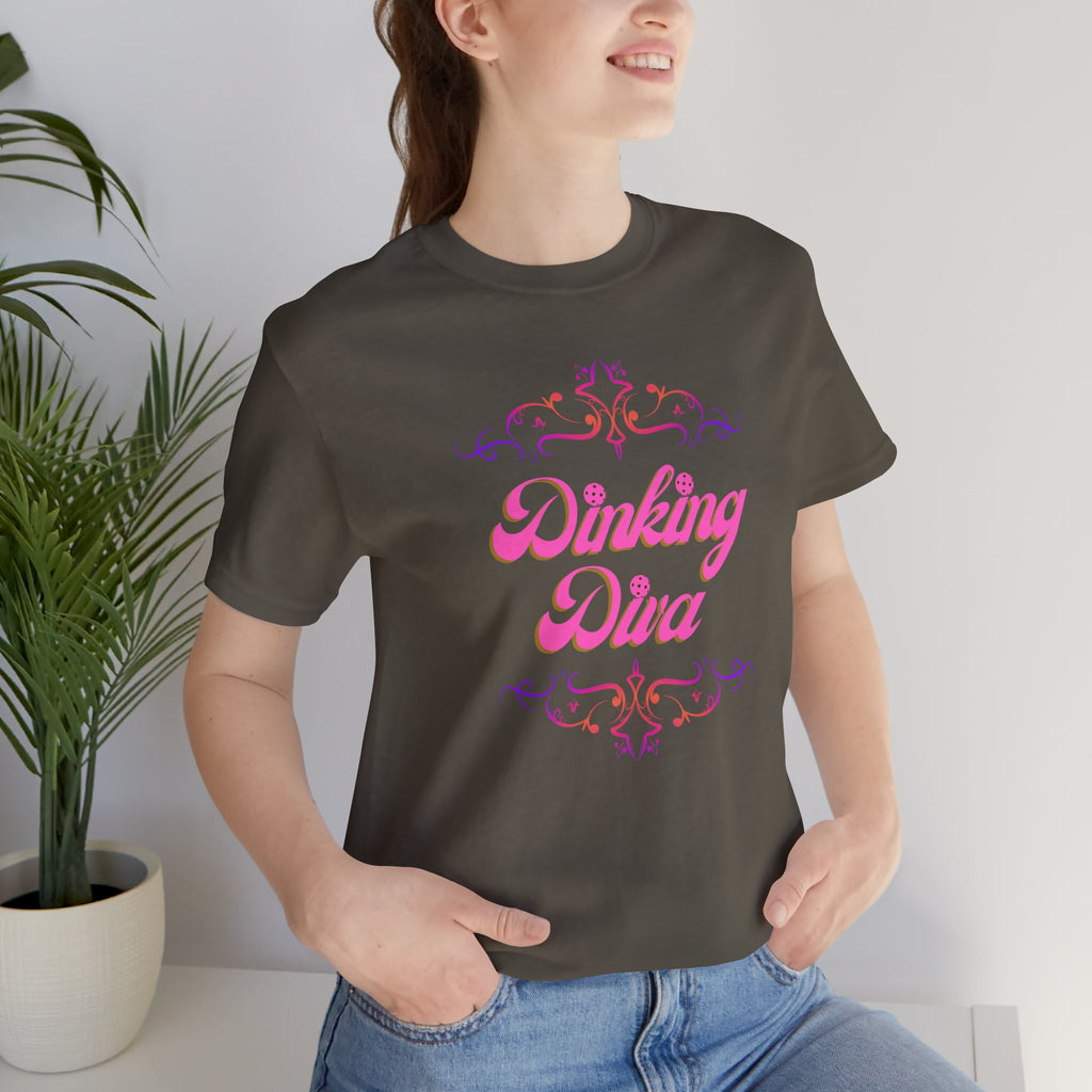 Pink Dinking Diva Pickleball T-Shirt with filigree design, athletic fit, and casual style by Printify.