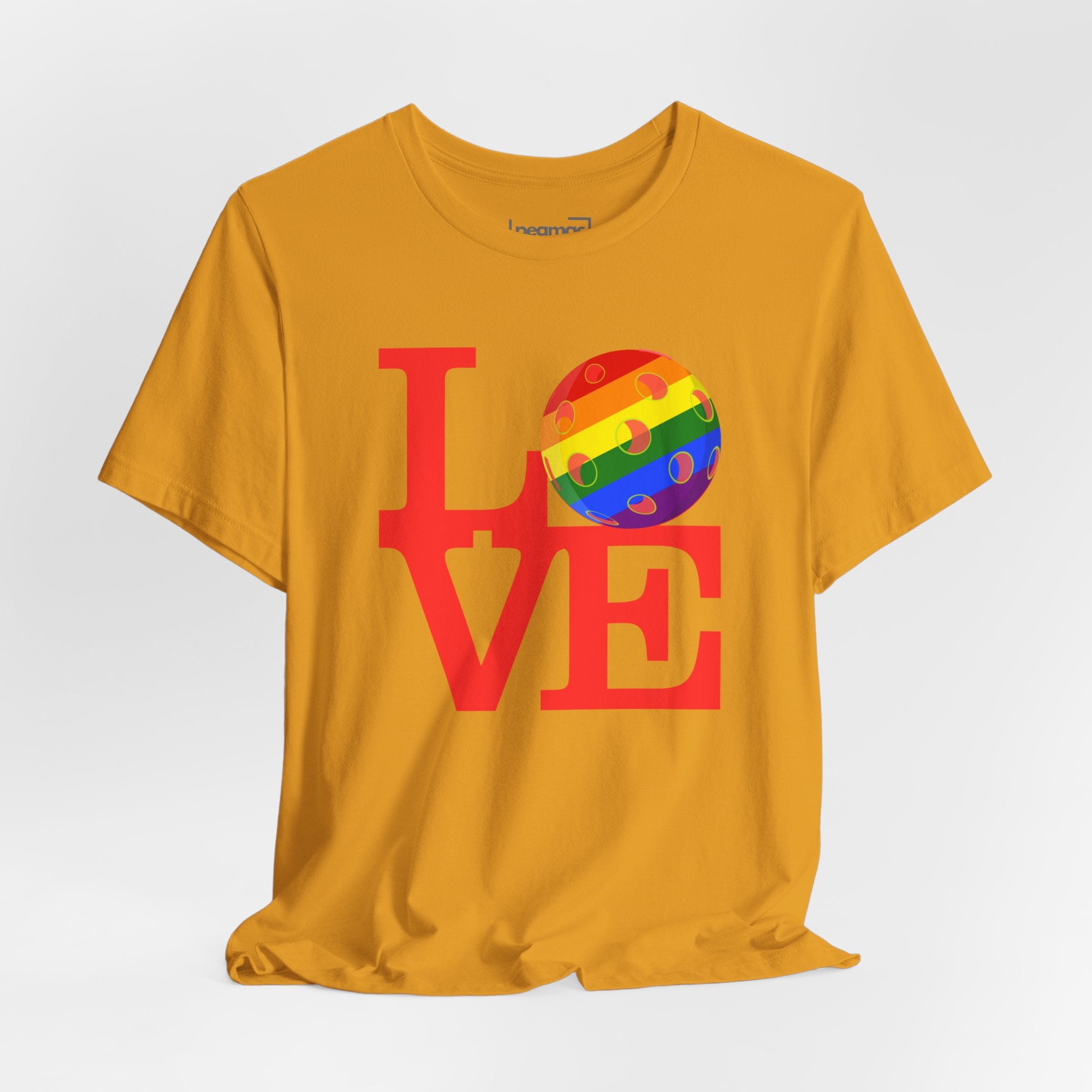 Rainbow LOVE Pickleball Pride T-shirt by Printify featuring bold LGBTQ2 rainbow colors and a casual fit.