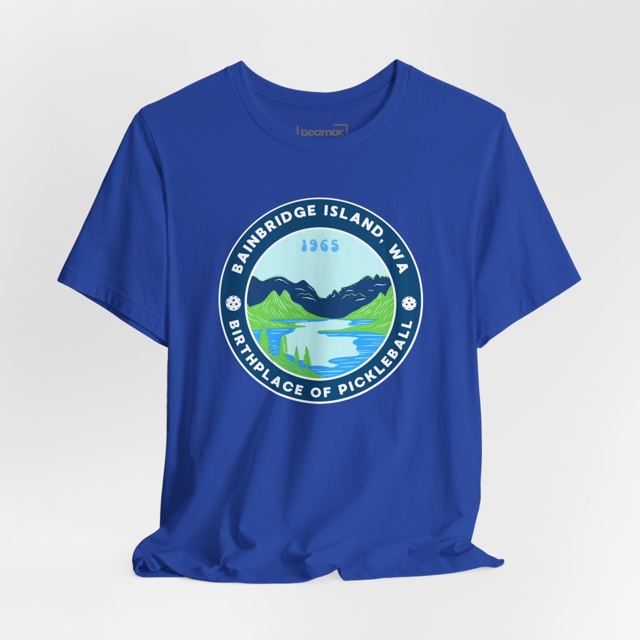 Unisex Bainbridge Island Pickleball T-Shirt with "Birthplace of Pickleball 1965" print, casual cotton tee by Printify.