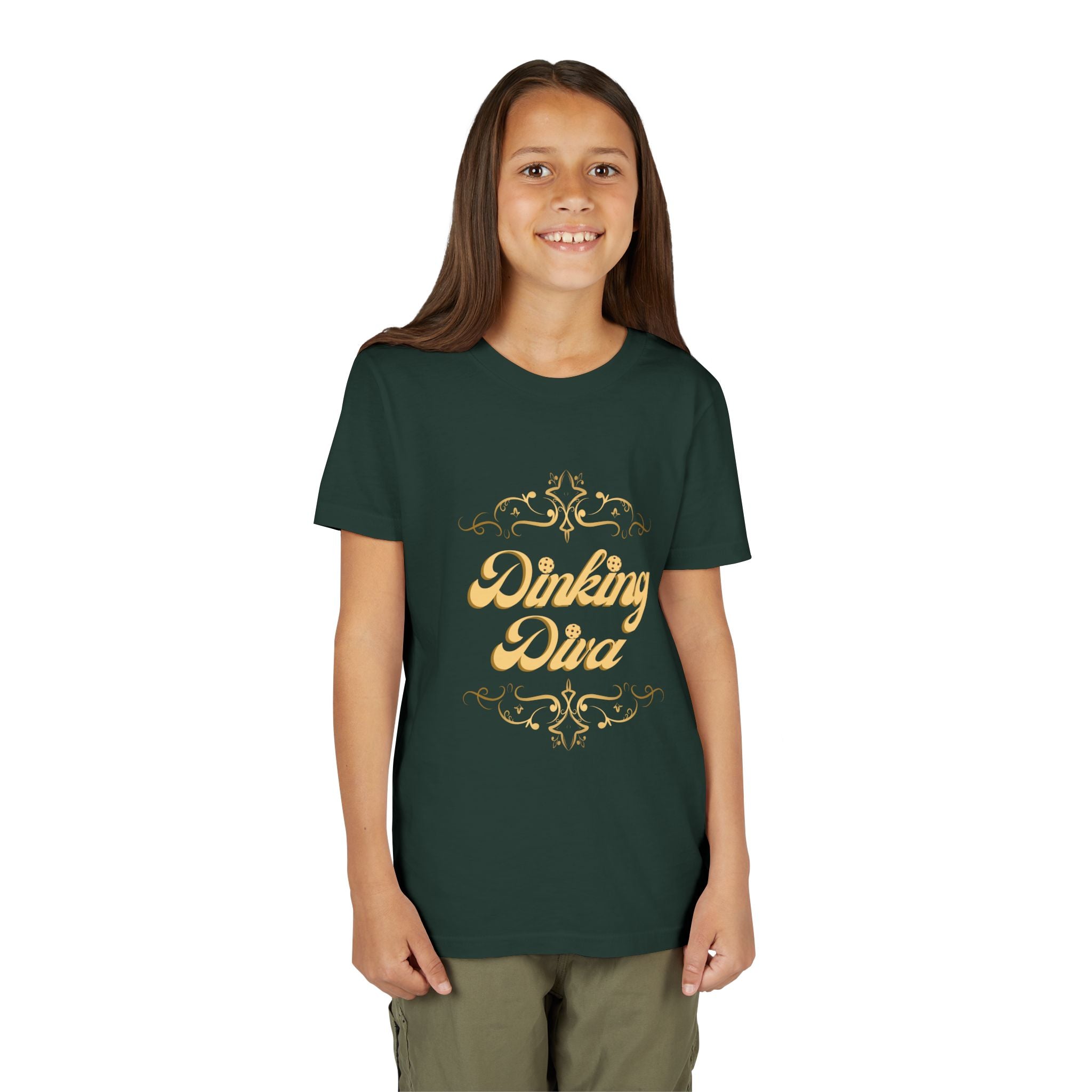 Youth Dinking Diva T-shirt featuring gold filigree pickleball graphic, kids' casual wear by Printify.