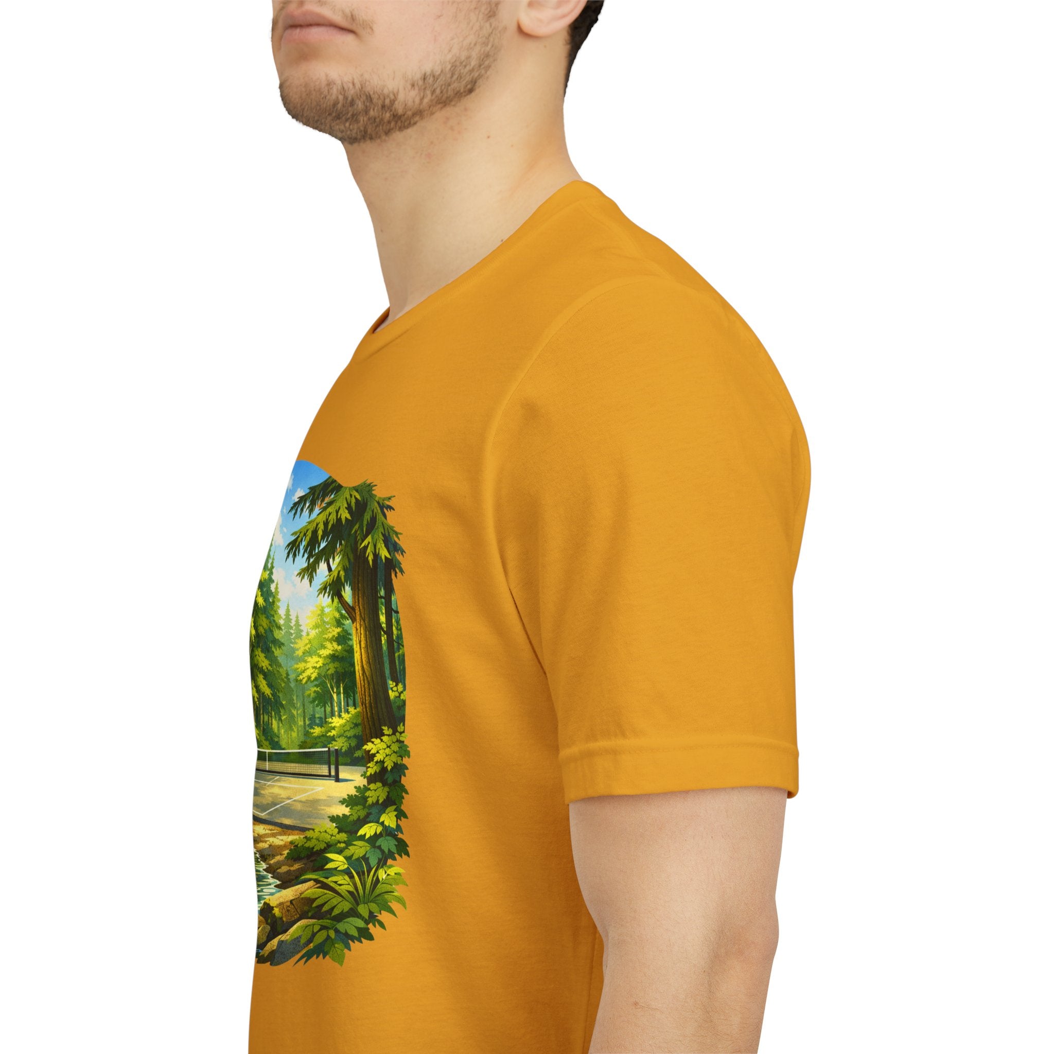 Unisex Hidden Forest Pickleball T-Shirt featuring Bainbridge Island tribute, printed by Printify, with forest graphic design.