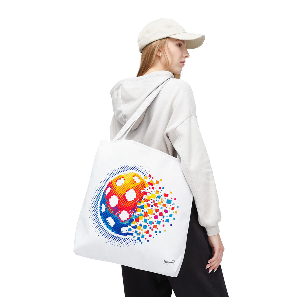 Printify Matrix Burst Pickleball tote bag featuring a retro digital pickleball design, large size, durable fabric, and vibrant colors.