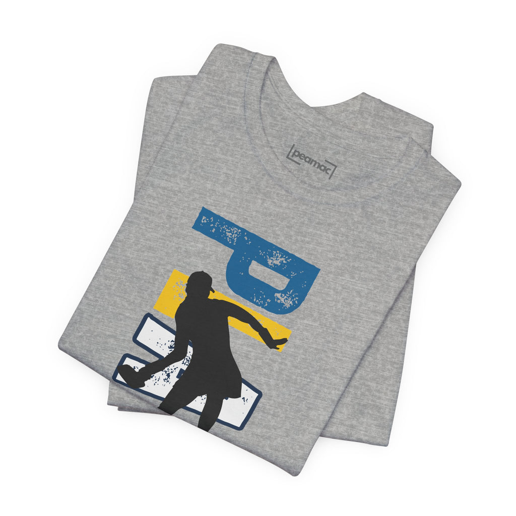 Women's retro-inspired pickleball T-shirt with vertical 'PICKLEBALL' back print, by Printify, casual athletic wear.