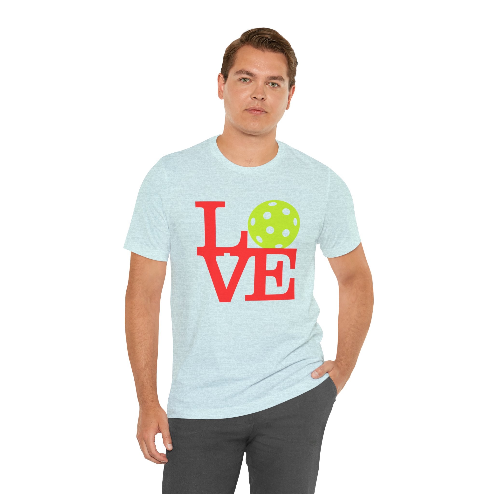 Love Pickleball neon pop art T-shirt by Printify, featuring vibrant colors and bold pickleball design on a premium cotton tee.