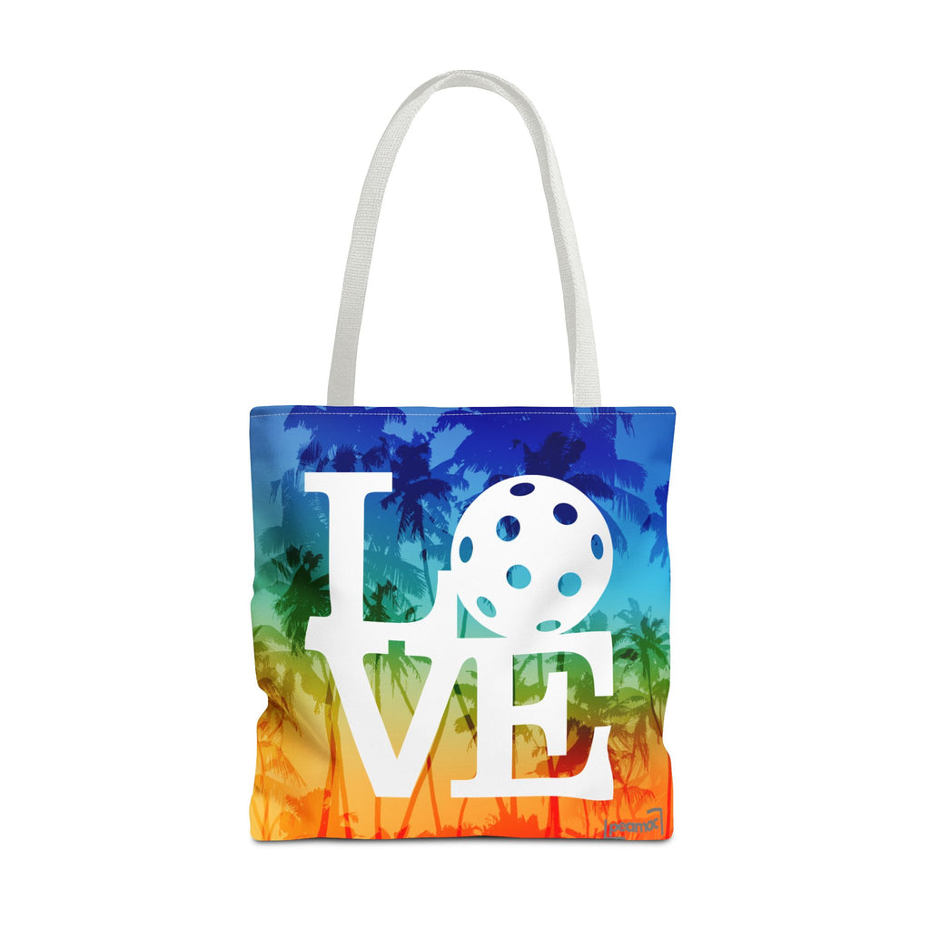 Colorful tropical pickleball tote bag with palm rainbow design, shoulder strap, court-ready style by Printify.