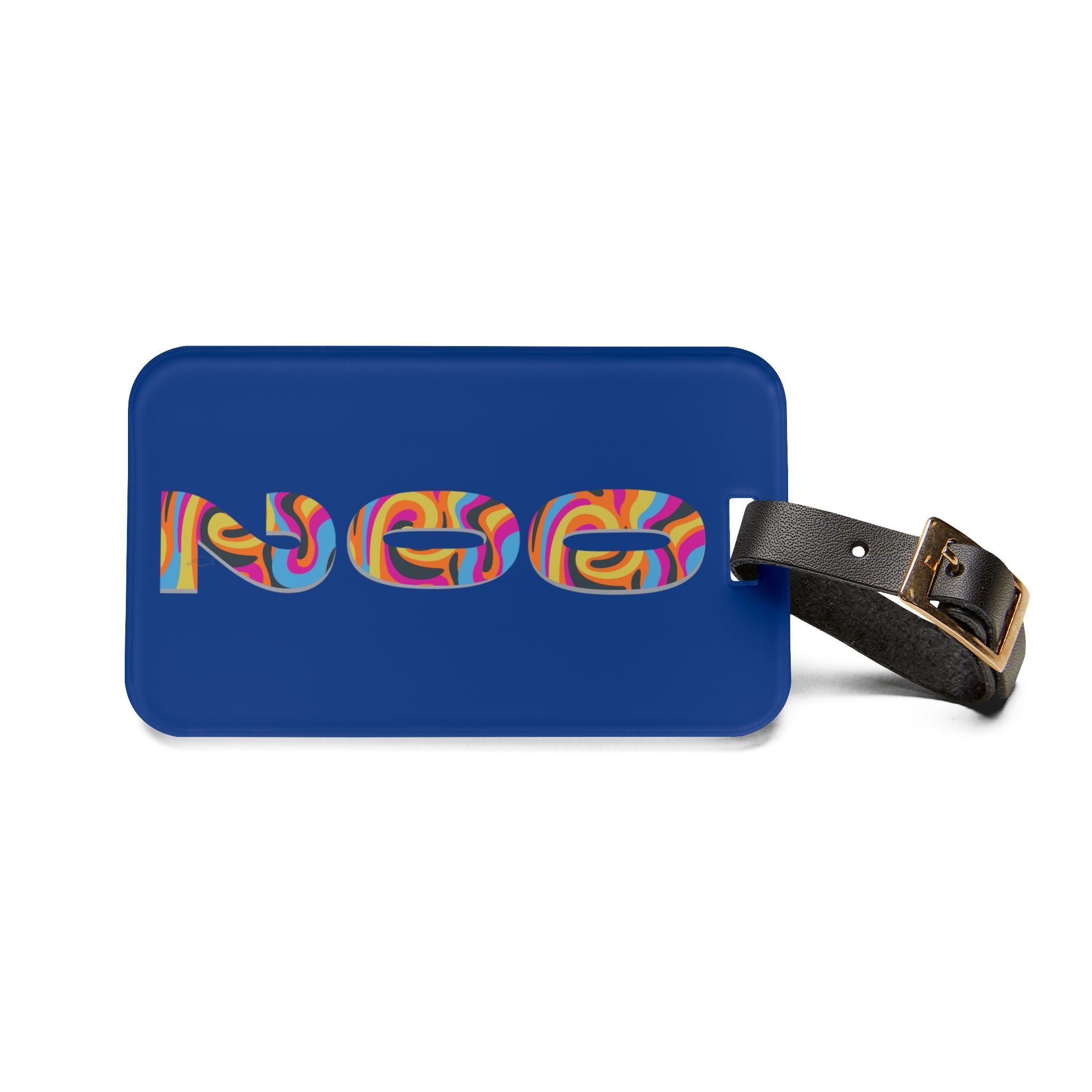 002 Pickleball Pickleball Luggage Tag | Dark Blue with Retro Psychedelic Numbers | Leather Strap with Buckle | 4 X 2.4 inches