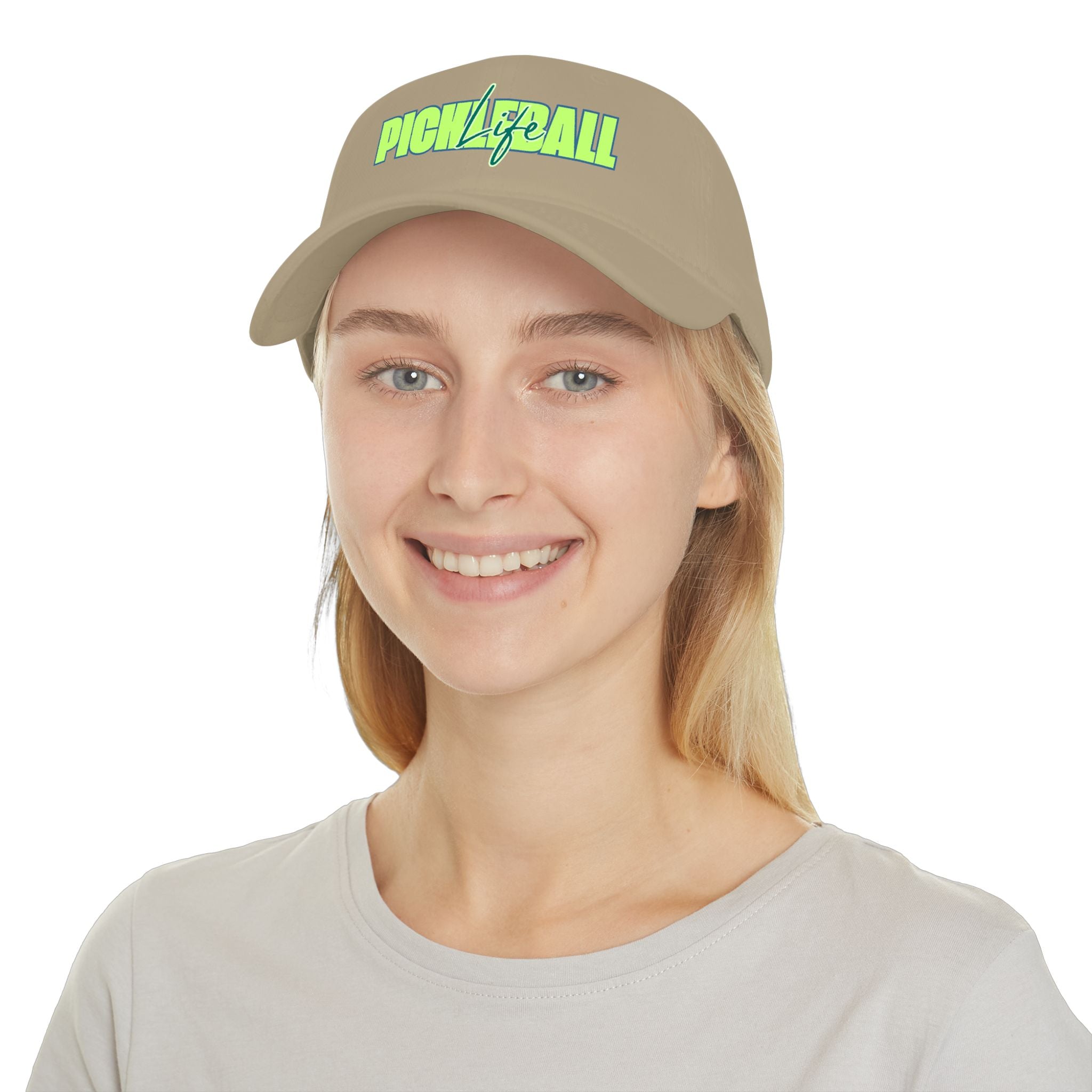 Printify Pickleball Life bold green and blue script low profile baseball cap, adjustable hats with colorful design.