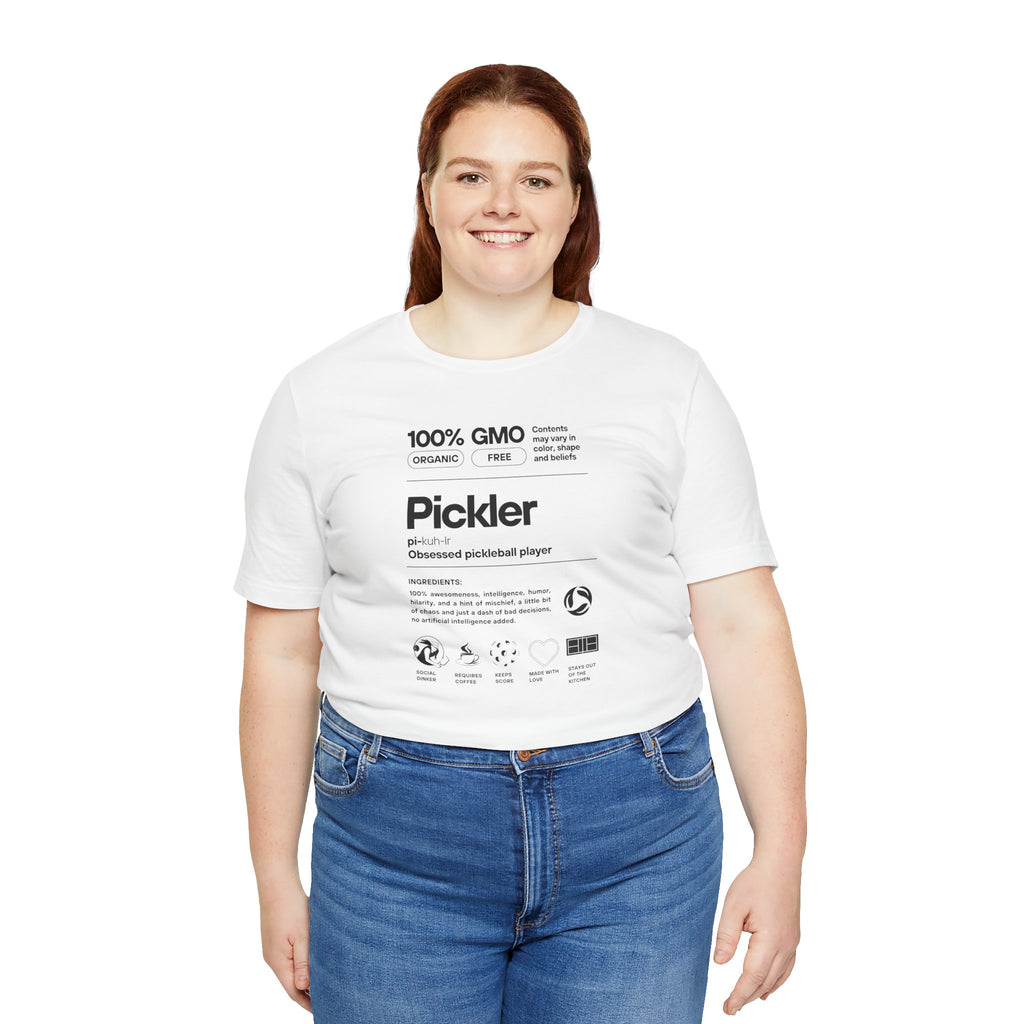 Women's Pickler Funny Definitions T-Shirt featuring black text, lightweight activewear fabric, perfect for pickleball enthusiasts.