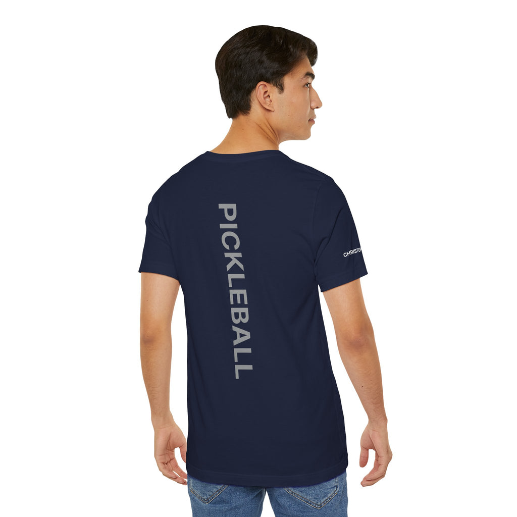 Personalized pickleball T-shirt by Printify featuring custom name sleeve, club logo, and pickleball graphic on the center back.