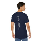 Personalized pickleball T-shirt by Printify featuring custom name sleeve, club logo, and pickleball graphic on the center back.