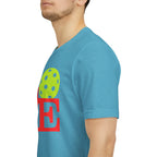 Bright neon pop art LOVE Pickleball T-shirt by Printify, featuring bold colors and casual fit, perfect for pickleball enthusiasts.