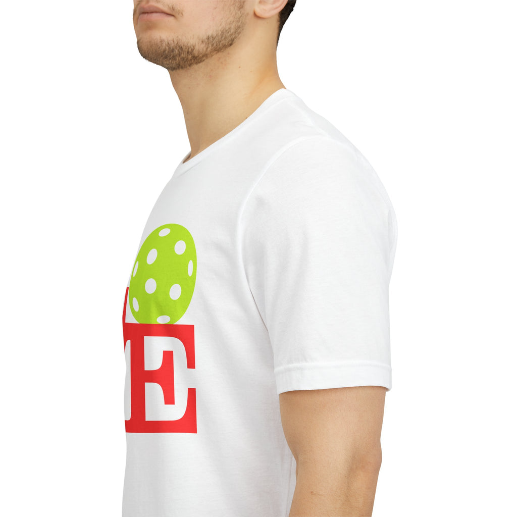 LOVE Pickleball neon pop art T-shirt by Printify, featuring vibrant colors and a casual fit perfect for pickleball enthusiasts.