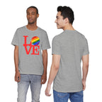 Rainbow LGBTQ2 Pride T-Shirt featuring the LOVE Pickleball logo, colorful design on a comfortable cotton tee.