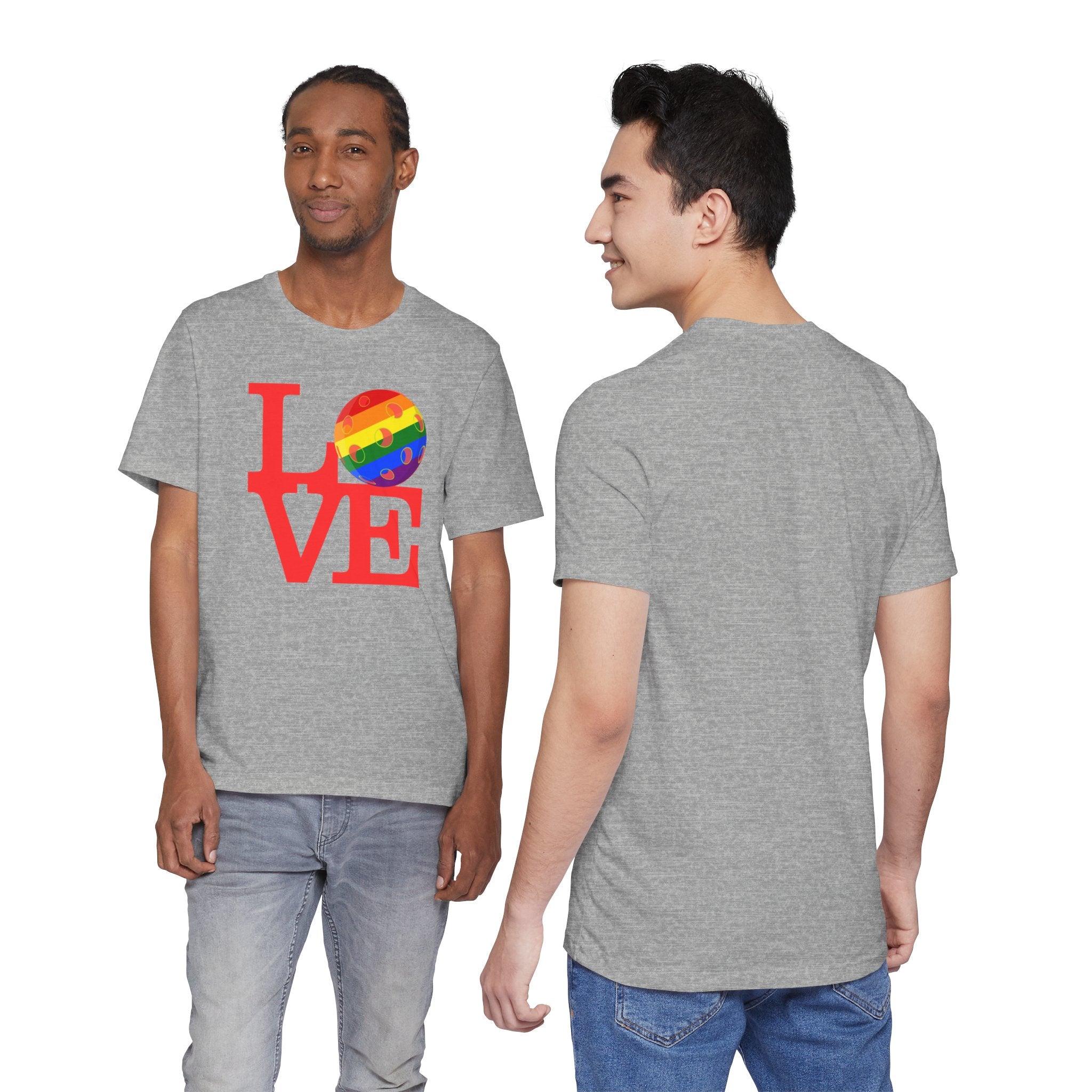 Rainbow LGBTQ2 Pride T-Shirt featuring the LOVE Pickleball logo, colorful design on a comfortable cotton tee.