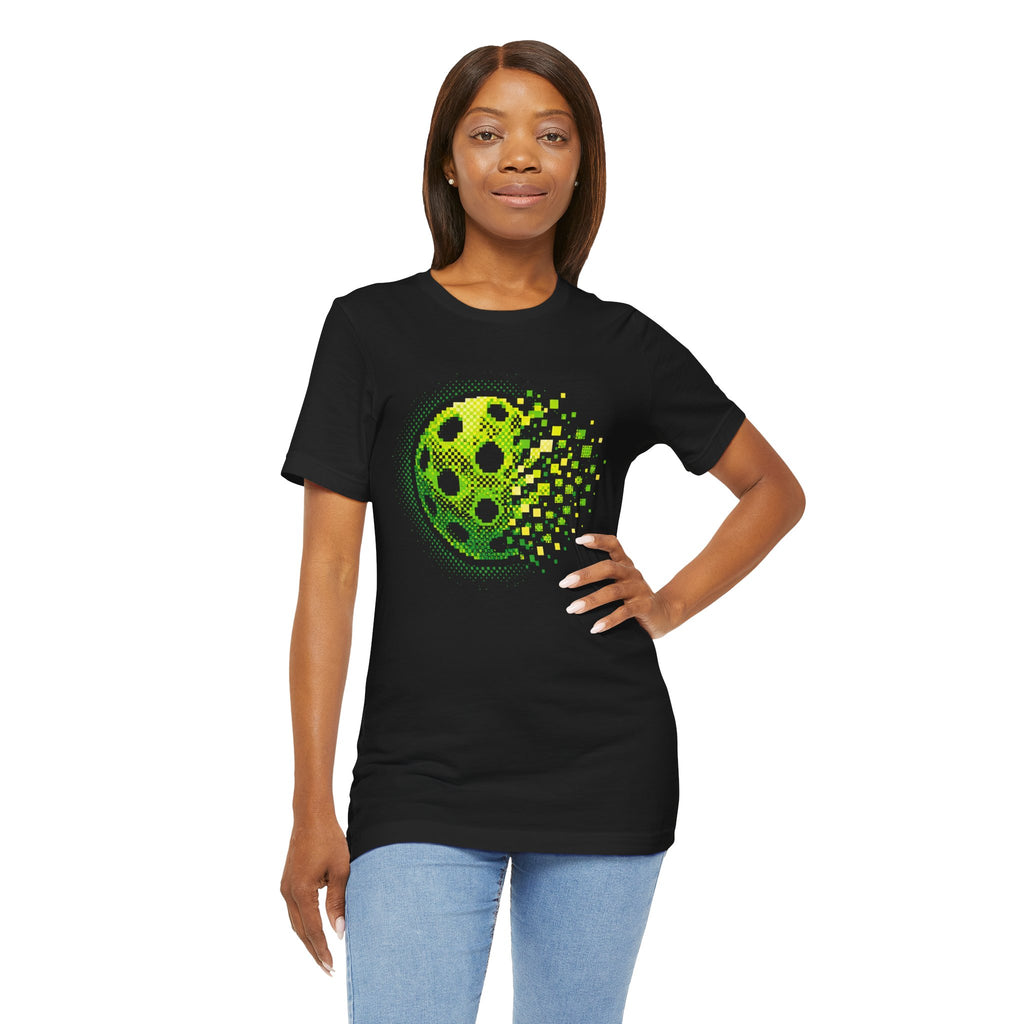 Green Pixelated Pickleball Tee featuring retro court graphic, short-sleeve T-shirt by Printify with vibrant design and bold style.