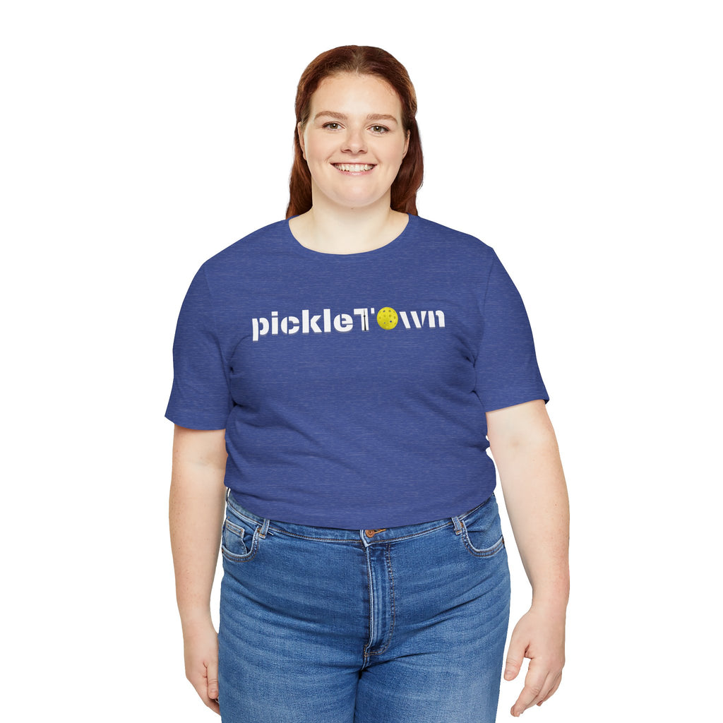 Toronto PickleTOwn T-Shirt featuring the CN Tower and pickleball design, stylish casual tee by Printify.