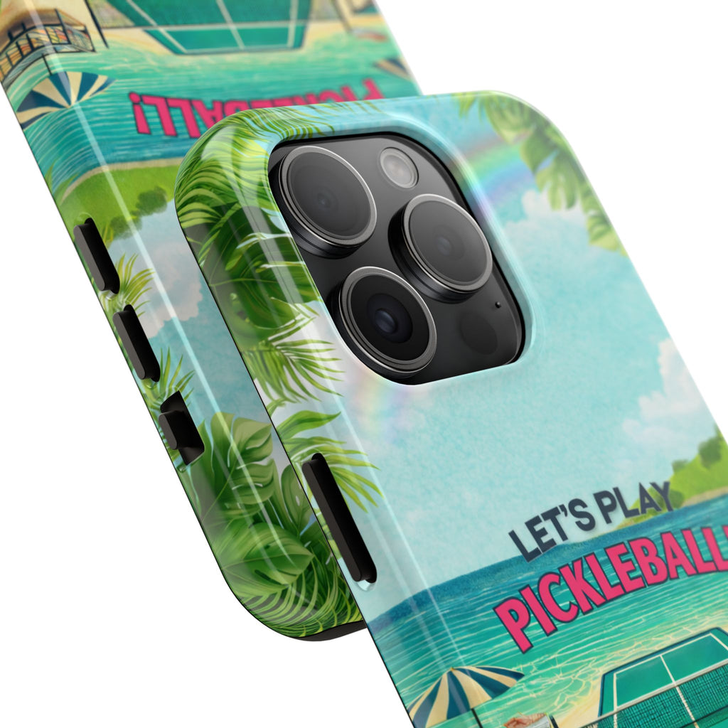 Let's Play Pickleball Tropical Tough Phone Case by Printify, featuring vibrant beach court design for iPhone and Android phones.