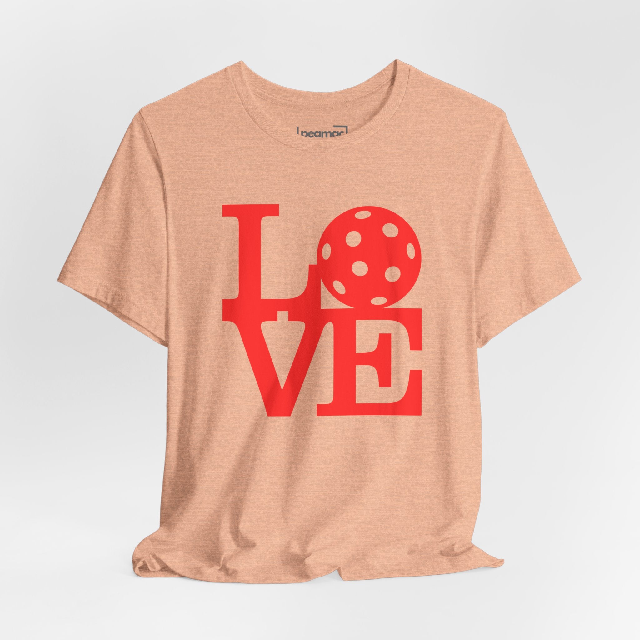 Red LOVE Pickleball graphic T-shirt by Printify featuring bold pop art design, casual fit, perfect for pickleball enthusiasts.