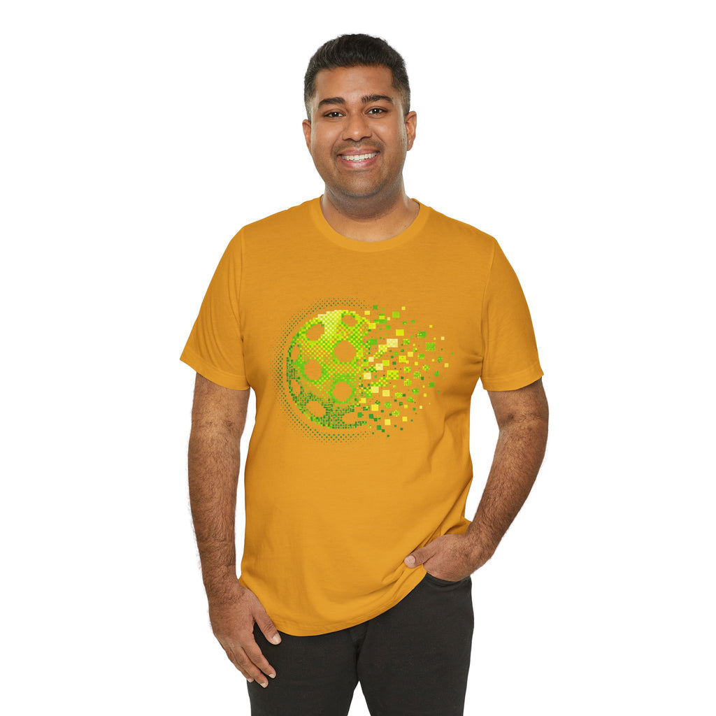 Green Pixelated Pickleball Tee with retro court graphic, casual T-shirt by Printify featuring colorful pickleball design.