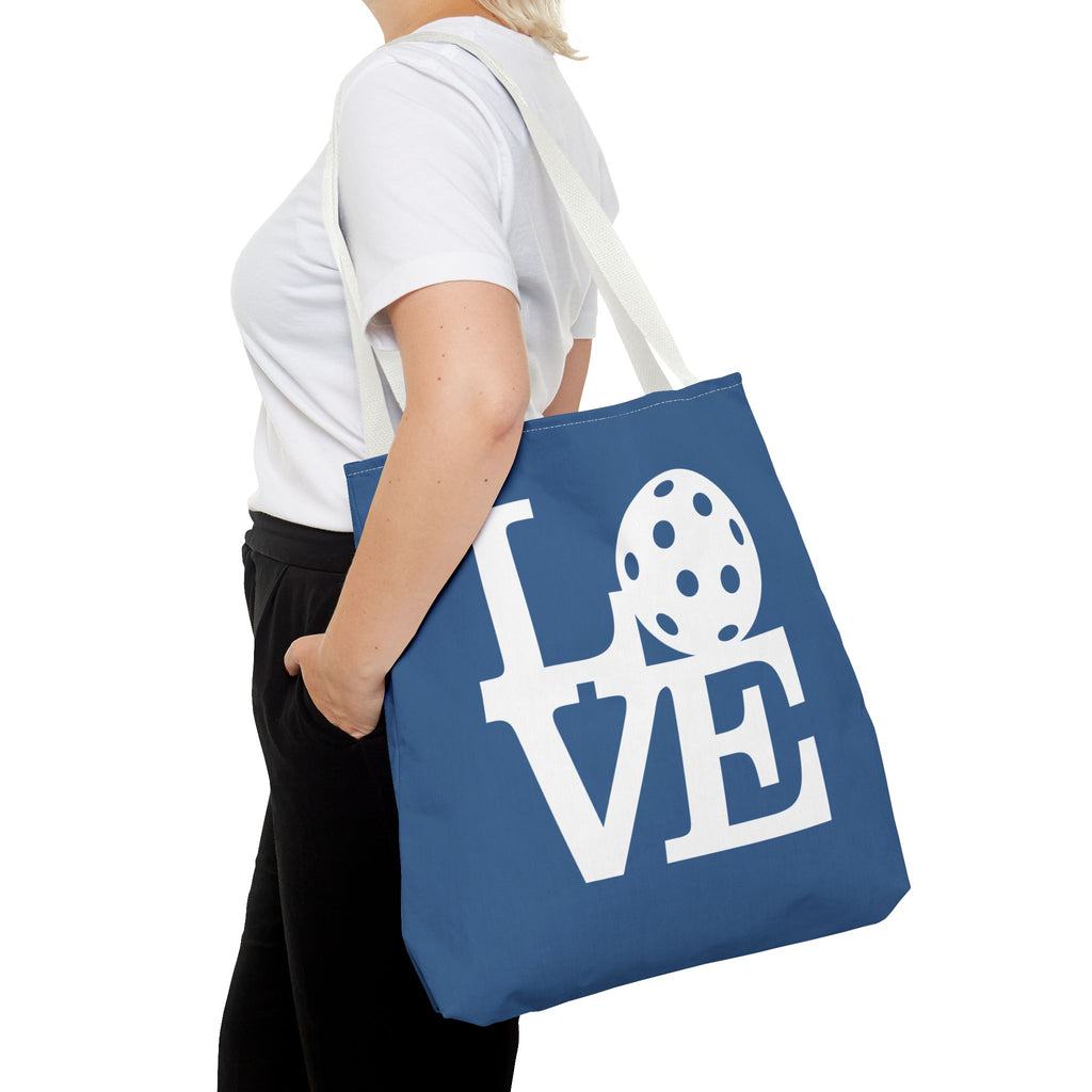 River blue Pickleball LOVE tote bag with love design, stylish storage bag for sports gear and everyday use.