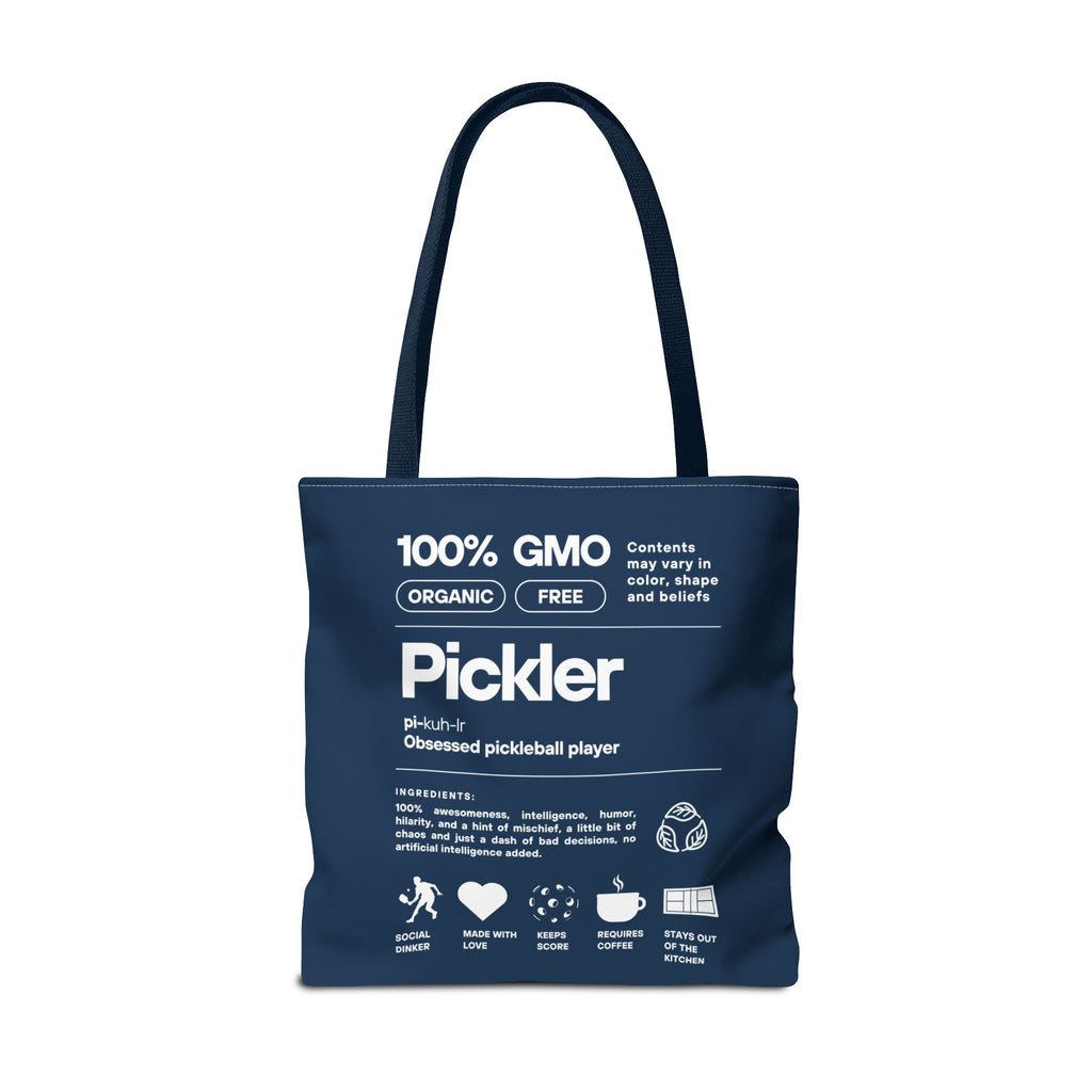 Large navy pickleball tote bag with humorous male "Pickler" print, designed for carrying pickleball gear and accessories.