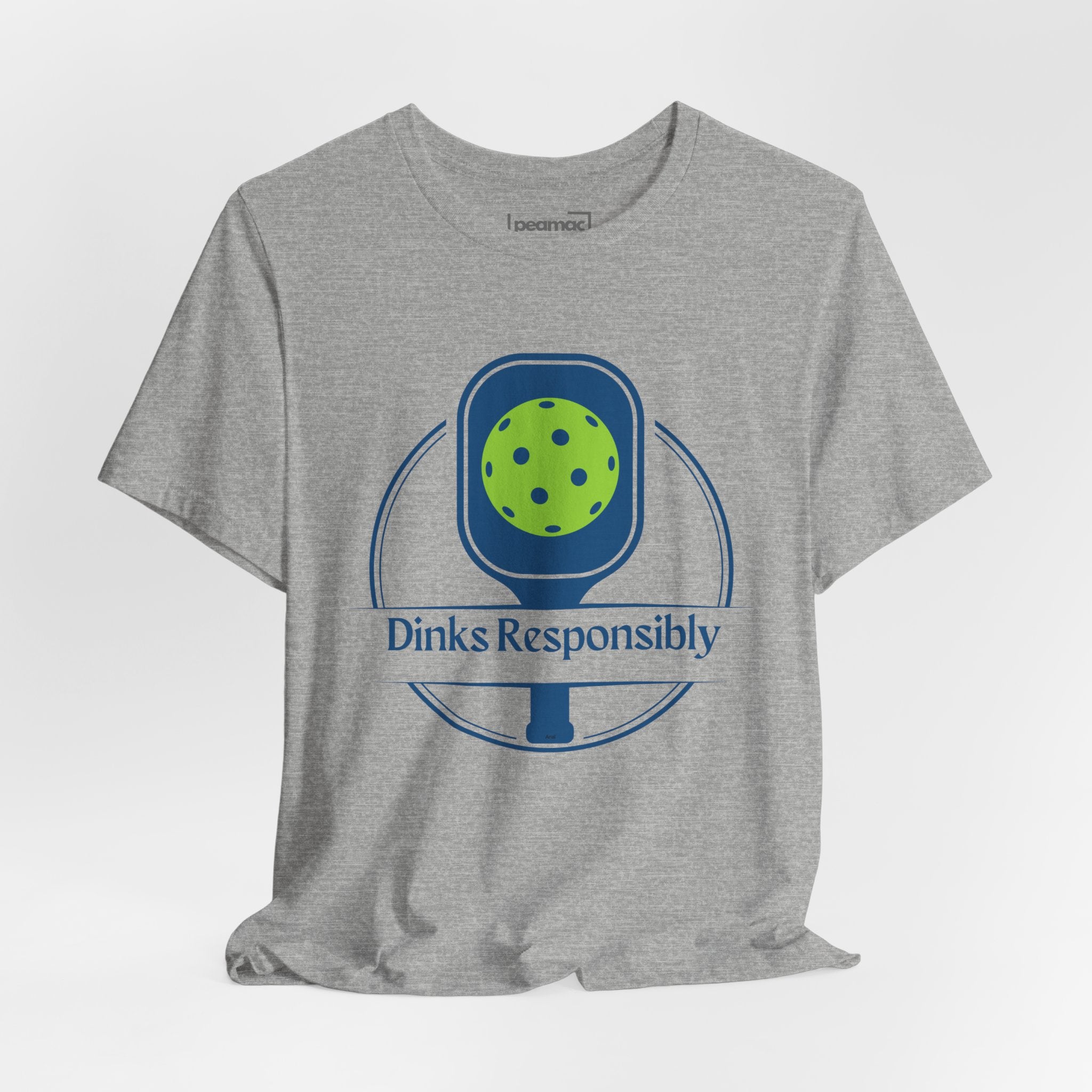 Dinks Responsibly Pickleball T-shirt with paddle and ball graphic, funny pickleball shirt for casual wear.