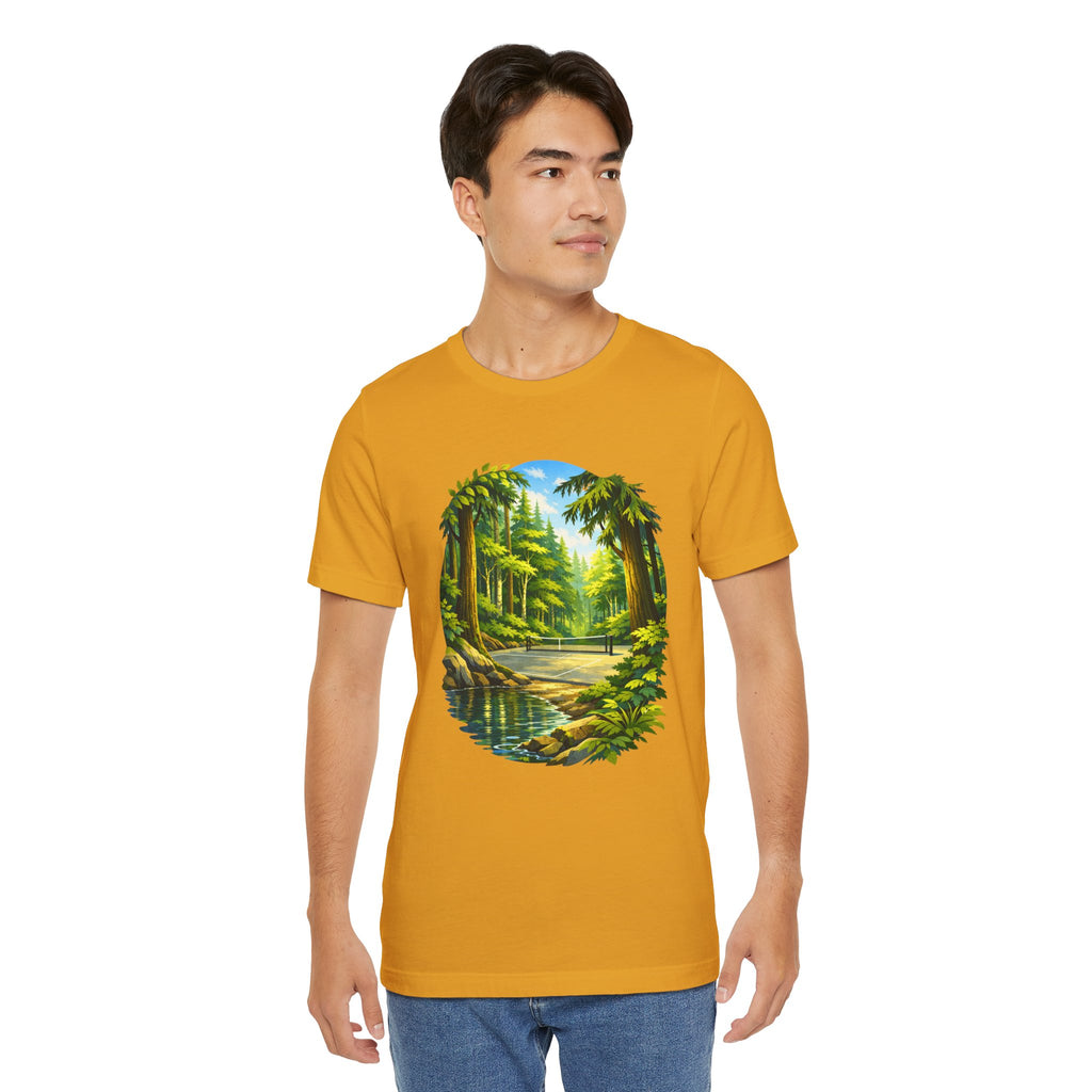 Unisex Hidden Forest Pickleball T-Shirt with Bainbridge Island tribute design, featuring a comfortable cotton fabric and forest-themed print.