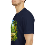 Unisex Hidden Forest Pickleball T-Shirt with Bainbridge Island tribute design, printed by Printify, showing a forest-themed graphic.
