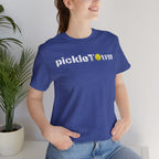 Toronto PickleTOwn T-Shirt featuring CN Tower and Pickleball ‘O’ design, comfortable unisex cotton tee for pickleball fans.