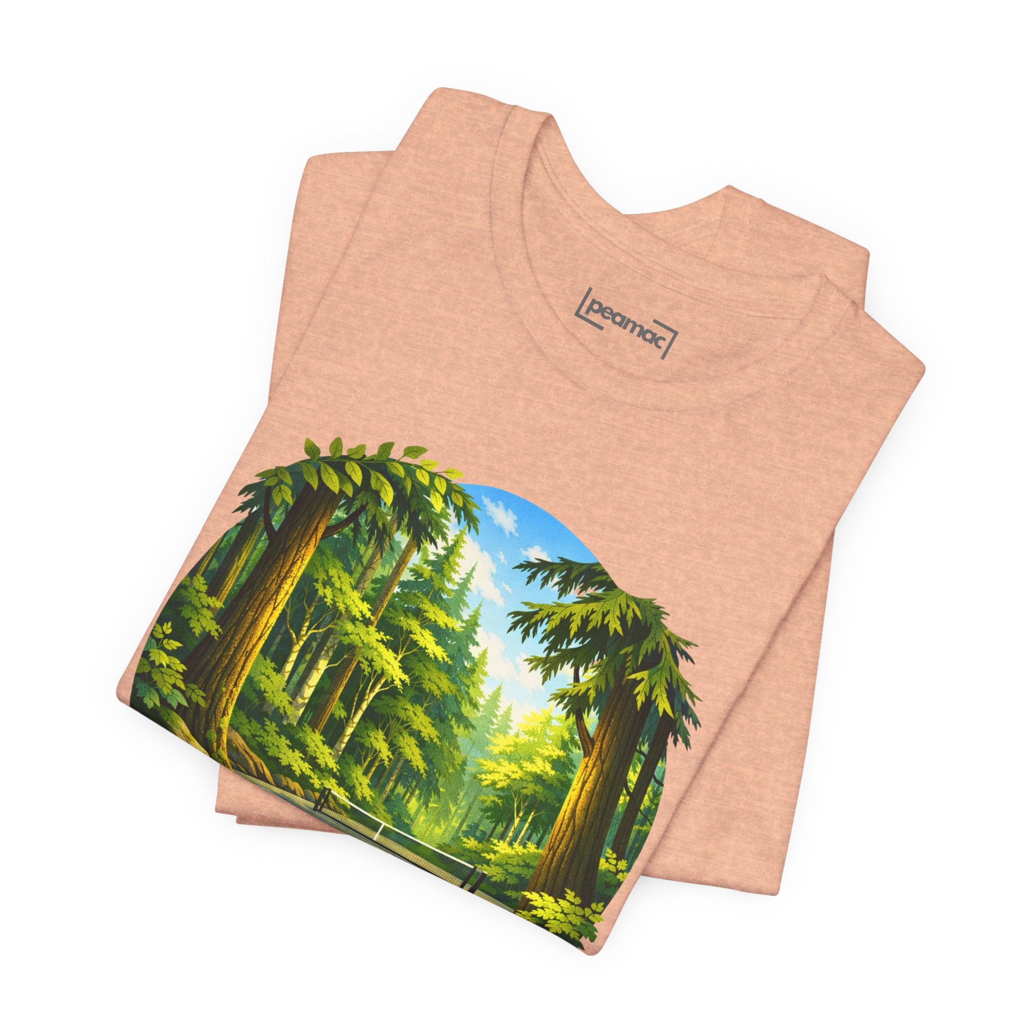 Unisex Hidden Forest Pickleball T-Shirt featuring Bainbridge Island tribute, printed by Printify, with forest and pickleball graphics.