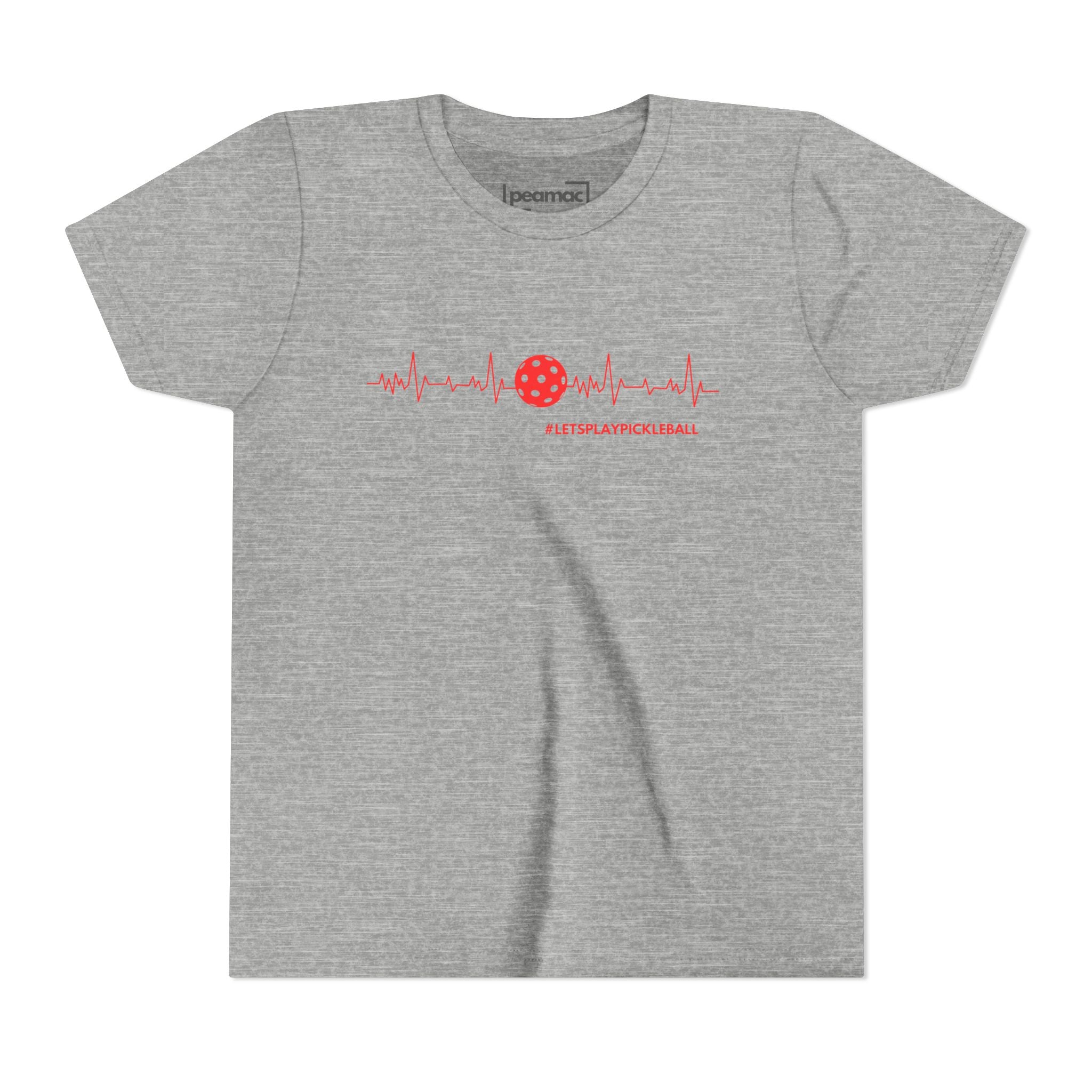 Kids' Youth Pickleball T-shirt with heartbeat and "Let's Play Pickleball" print, from Printify, featuring colorful pickleball design.